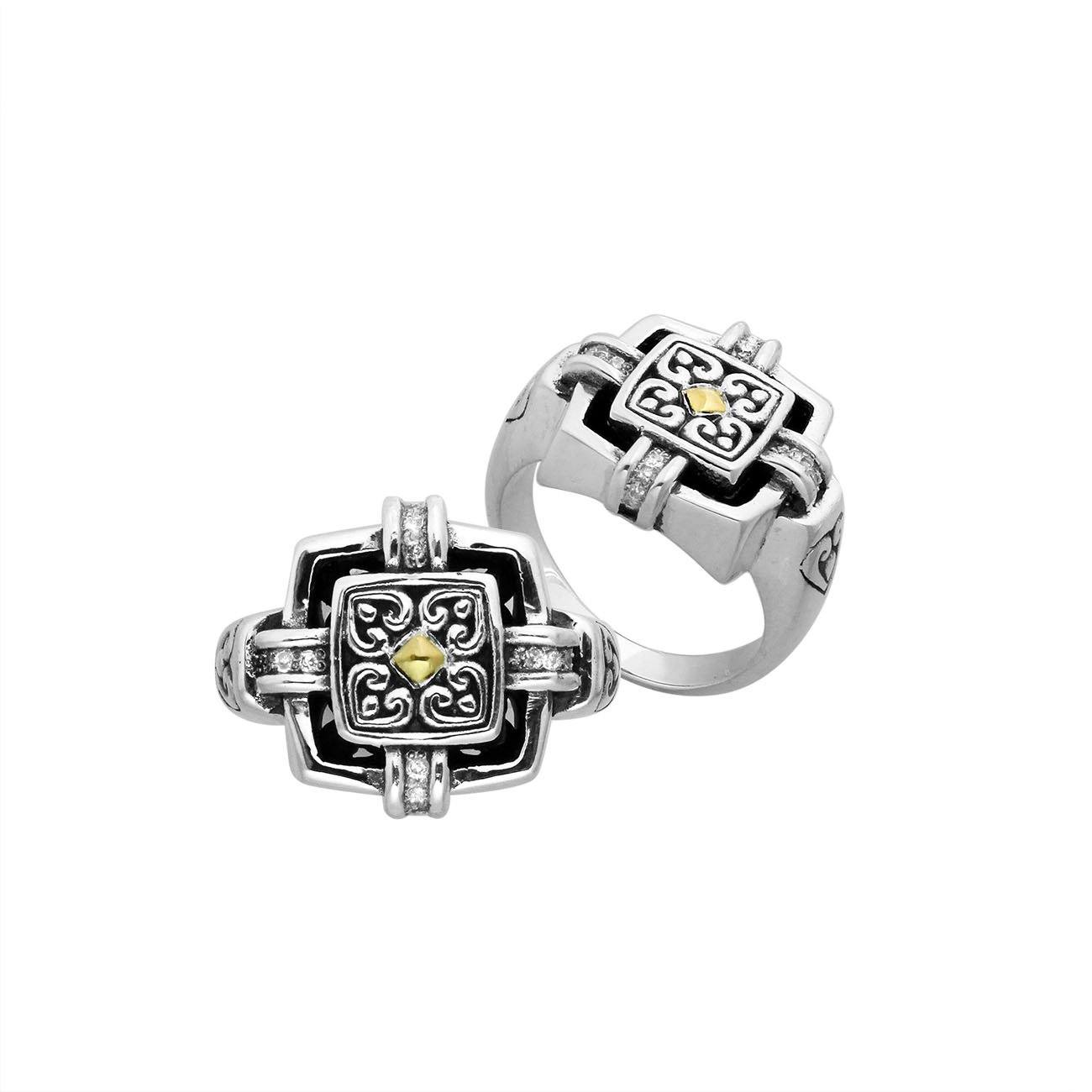 Sterling Silver And 18K Gold Diamond Square Balinese Ring