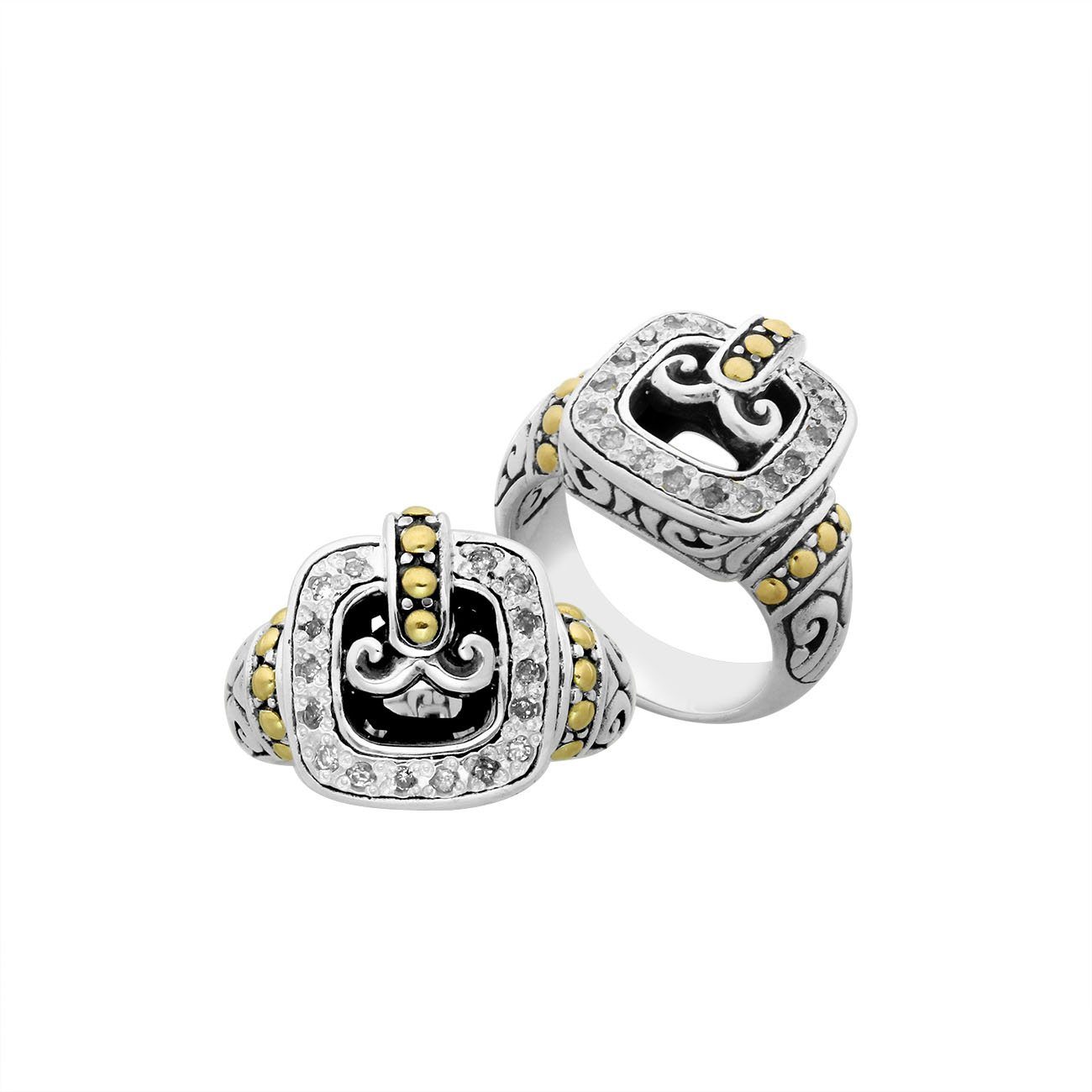 Wholesale Sterling Silver Two-Tone Diamond Buckle Ring With Scroll Engravings And Gold Accents.