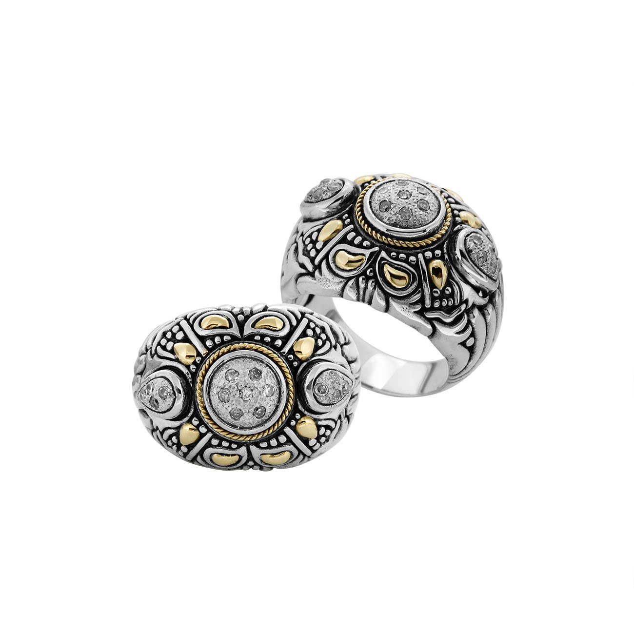 Wholesale Sterling Silver Diamond Floral Mandala Ring With Gold Accents And Carved Balinese Detailing.