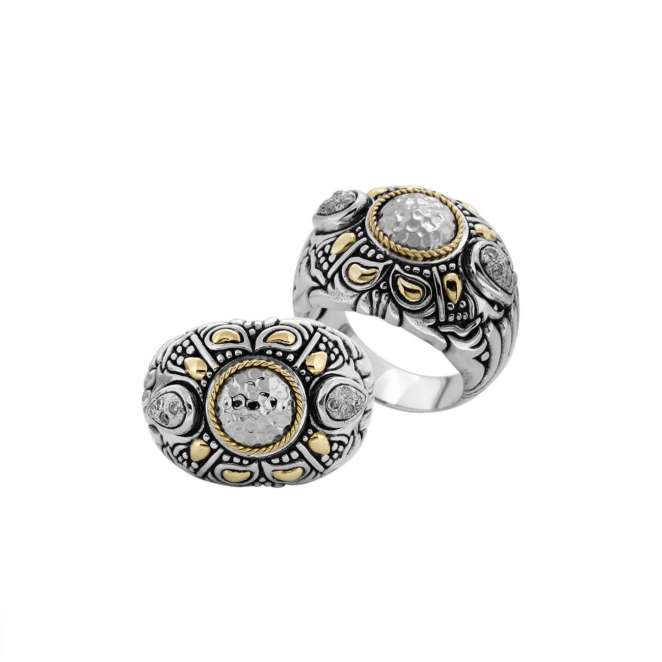 Wholesale Sterling Silver Hammered Silver Center Mandala Ring With Gold Accents And Balinese Carvings.