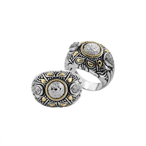 Wholesale Sterling Silver Hammered Silver Center Mandala Ring With Gold Accents And Balinese Carvings.