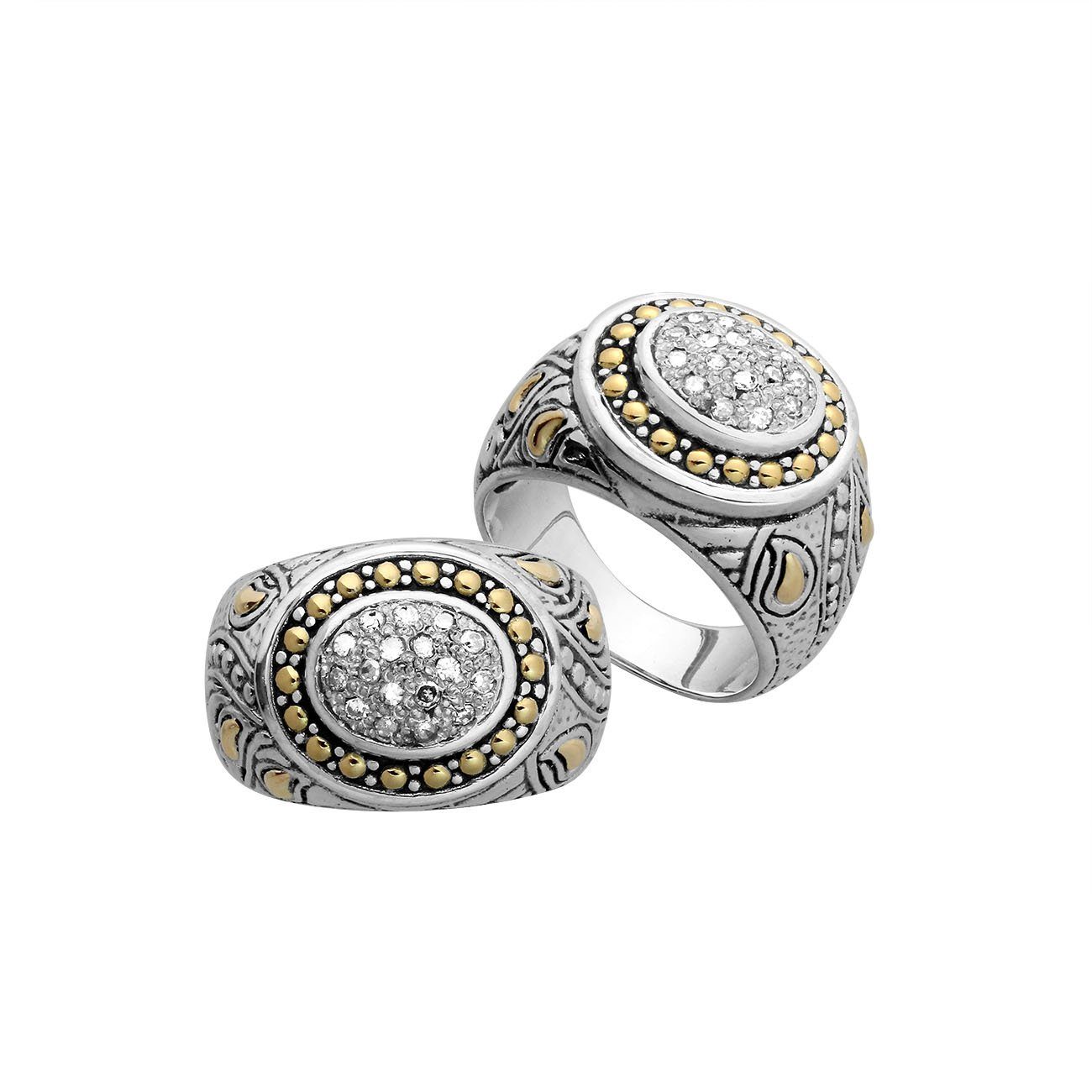 Wholesale Sterling Silver Diamond Oval Cluster Ring With 18K Gold Accents And Balinese Carvings.
