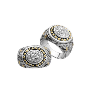 Wholesale Sterling Silver Diamond Oval Cluster Ring With 18K Gold Accents And Balinese Carvings.