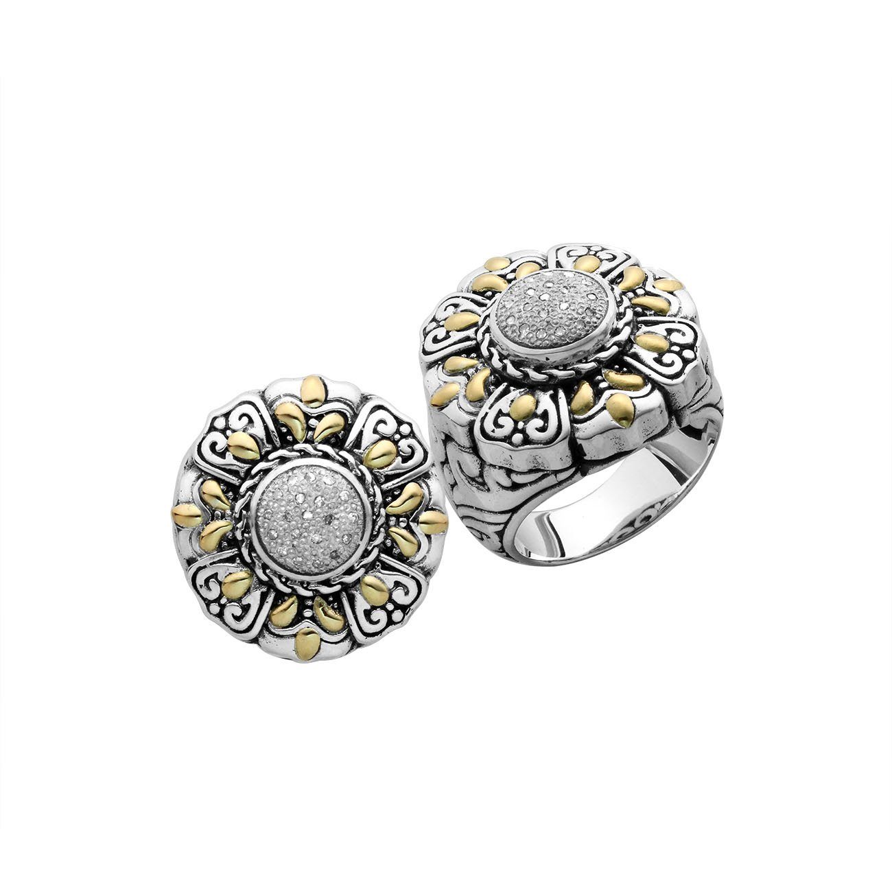 Wholesale Sterling Silver With 18K Gold Diamond Floral Mandala Ring With Balinese Carvings.