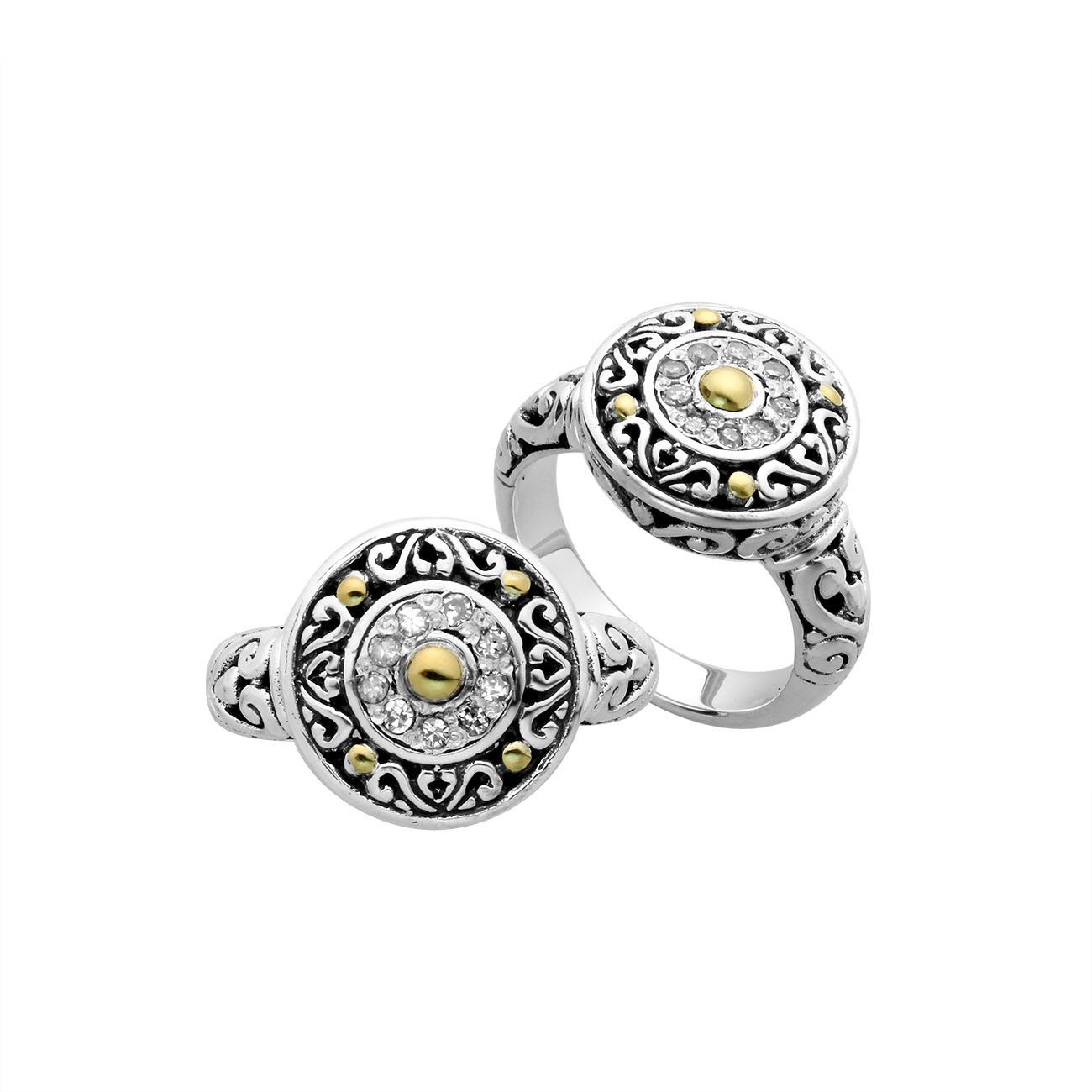 Wholesale Sterling Silver With 18K Gold Diamond Mandala Bloom Ring With Balinese Carvings.