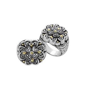 Wholesale Sterling Silver With 18K Gold Diamond Floral Petal Cluster Ring With Balinese Carvings.