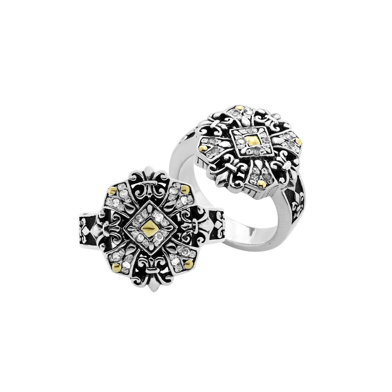 Wholesale Sterling Silver With 18K Gold Diamond Geometric Mandala Star Ring With Balinese Carvings.