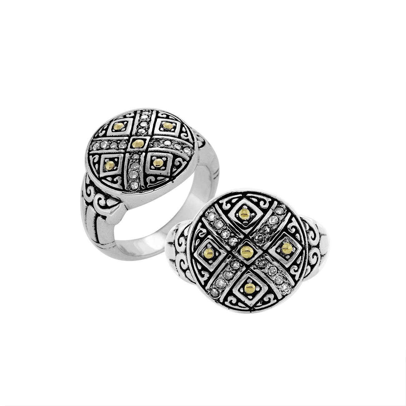 Wholesale Sterling Silver With 18K Gold Diamond Cross Mandala Ring With Balinese Carvings.