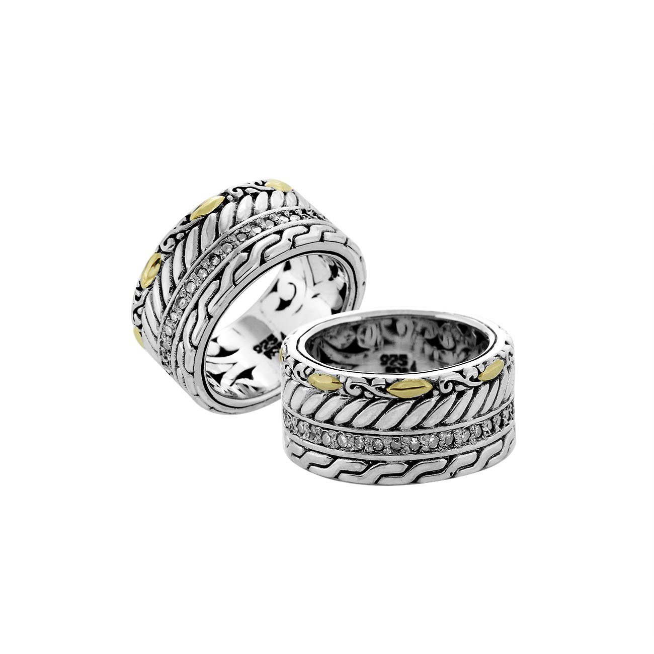Wholesale Sterling Silver With 18K Gold Diamond Braided Multi-Band Statement Ring With Balinese Carvings.
