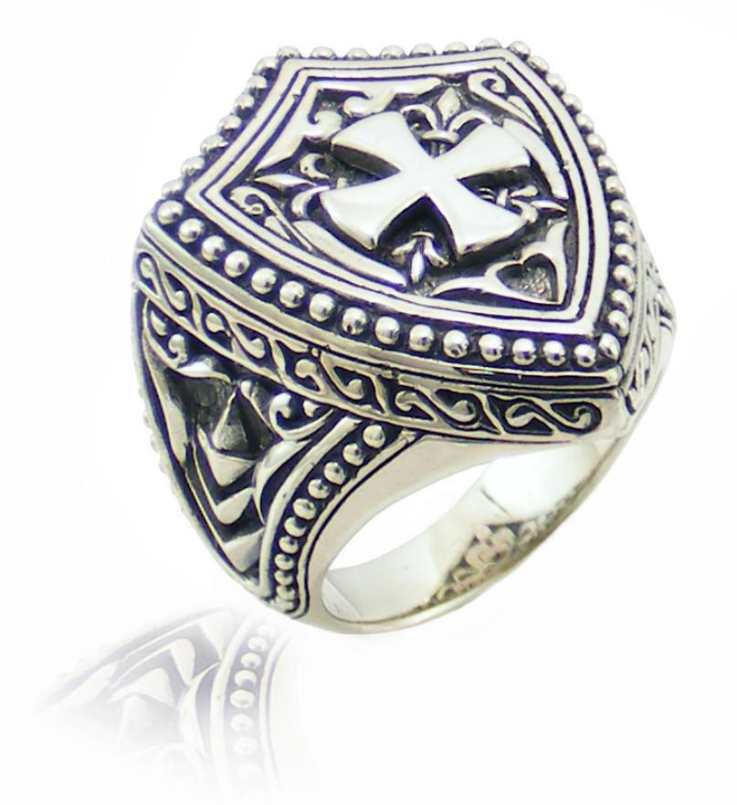 Wholesale Silver Overlay Over Copper Shield Cross Warrior Ring With Medieval Carvings.