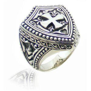 Wholesale Silver Overlay Over Copper Shield Cross Warrior Ring With Medieval Carvings.