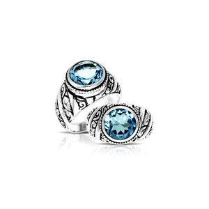 Blue Topaz Quartz Oval Carved Balinese Silver Overlay Wholesale Ring.
