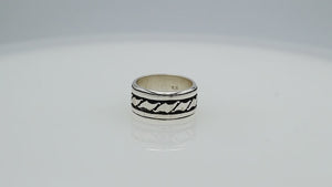 Wholesale sterling silver wide band ring with wave-inspired Bali design and oxidized details, handcrafted unisex artisan jewelry in bulk for retailers and resellers.