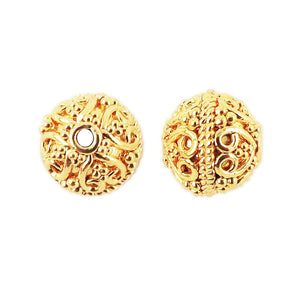 Handcrafted round filigree bead with 18K gold overlay over copper for wholesale jewelry making.