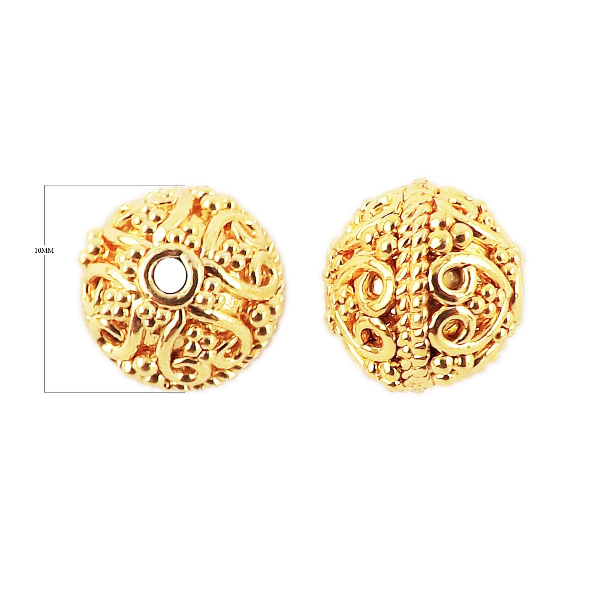 Handcrafted round filigree bead with 18K gold overlay over copper for wholesale jewelry making.