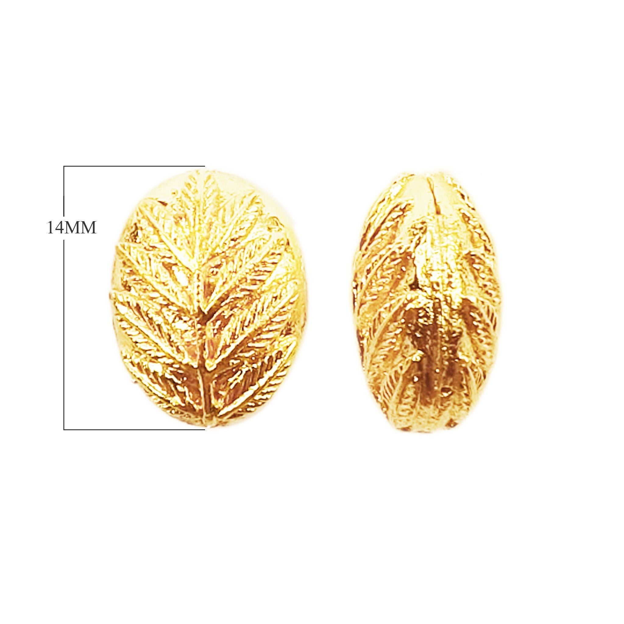 Oval leaf-textured bead made with 18K gold overlay over copper, handcrafted in India, wholesale jewelry component.