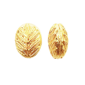 Oval leaf-textured bead made with 18K gold overlay over copper, handcrafted in India, wholesale jewelry component.