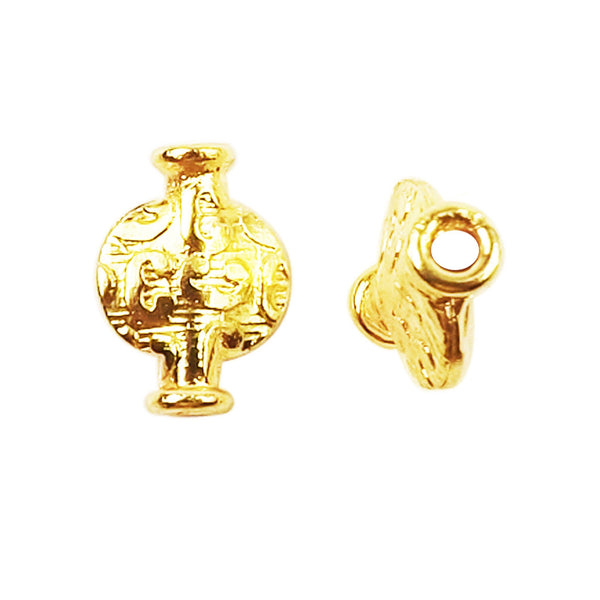 Handcrafted vessel-shaped decorative bead with engraved texture in 18K gold overlay over copper for wholesale jewelry production.