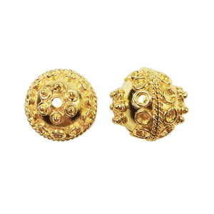 Handcrafted textured round bead with raised circular pattern in 18K gold overlay over copper