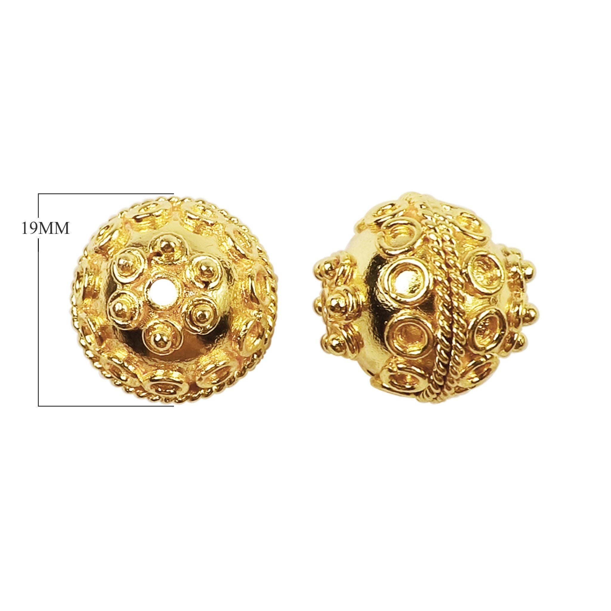 Handcrafted textured round bead with raised circular pattern in 18K gold overlay over copper