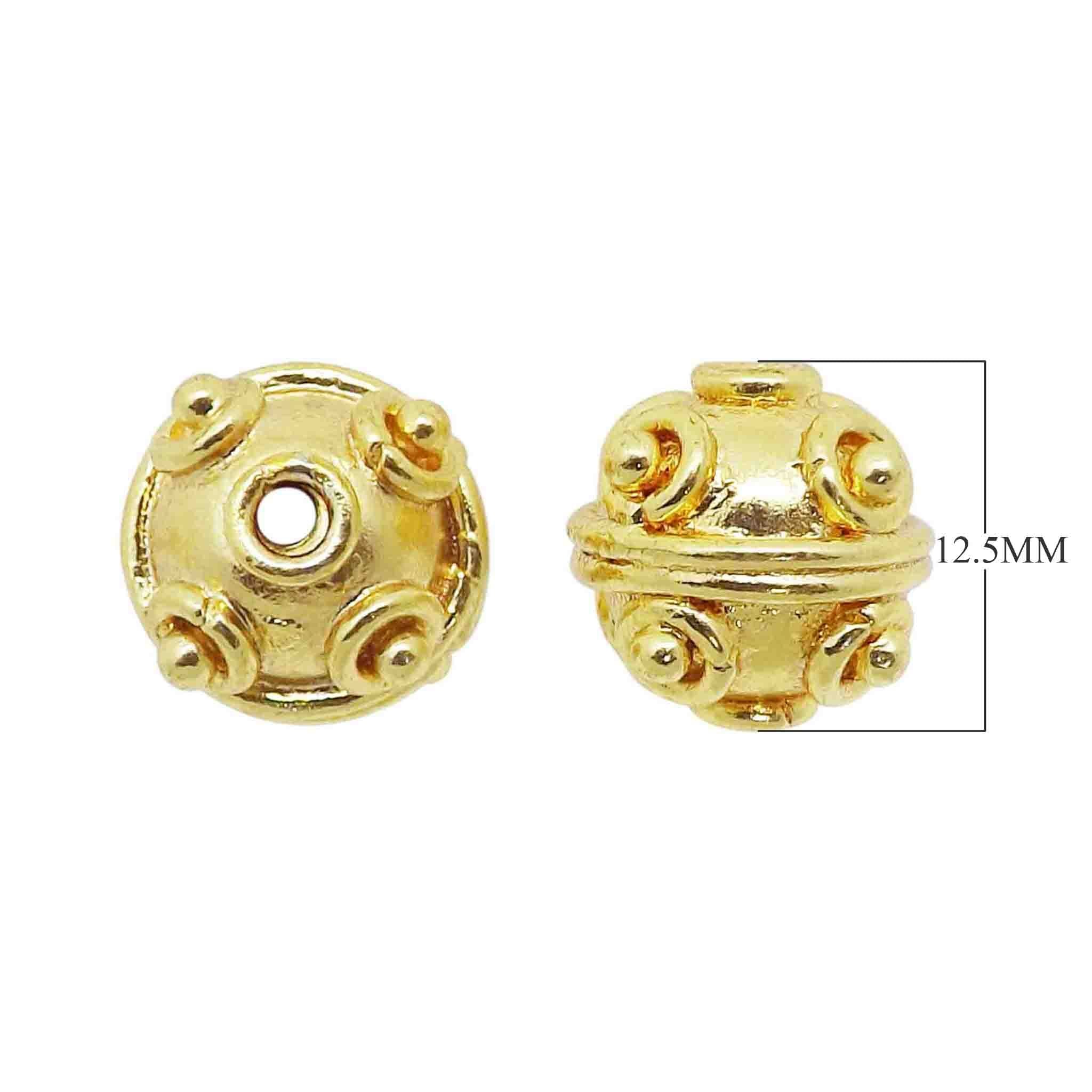 Handcrafted round 18K gold overlay copper spacer bead with raised decorative dots, made in India for wholesale jewelry production.