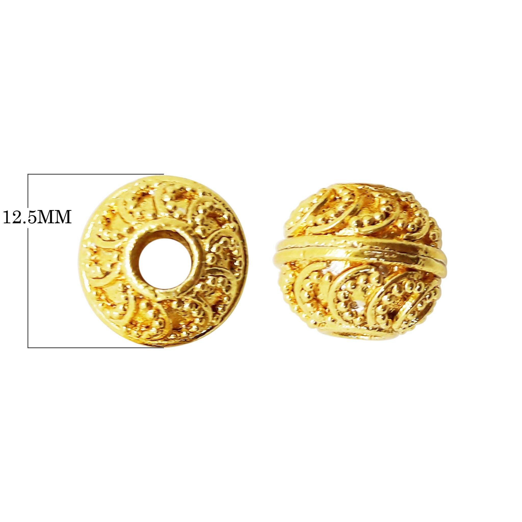 Handcrafted embossed round bead with 18K gold overlay over copper, featuring swirling motifs, made in India for wholesale jewelry making.