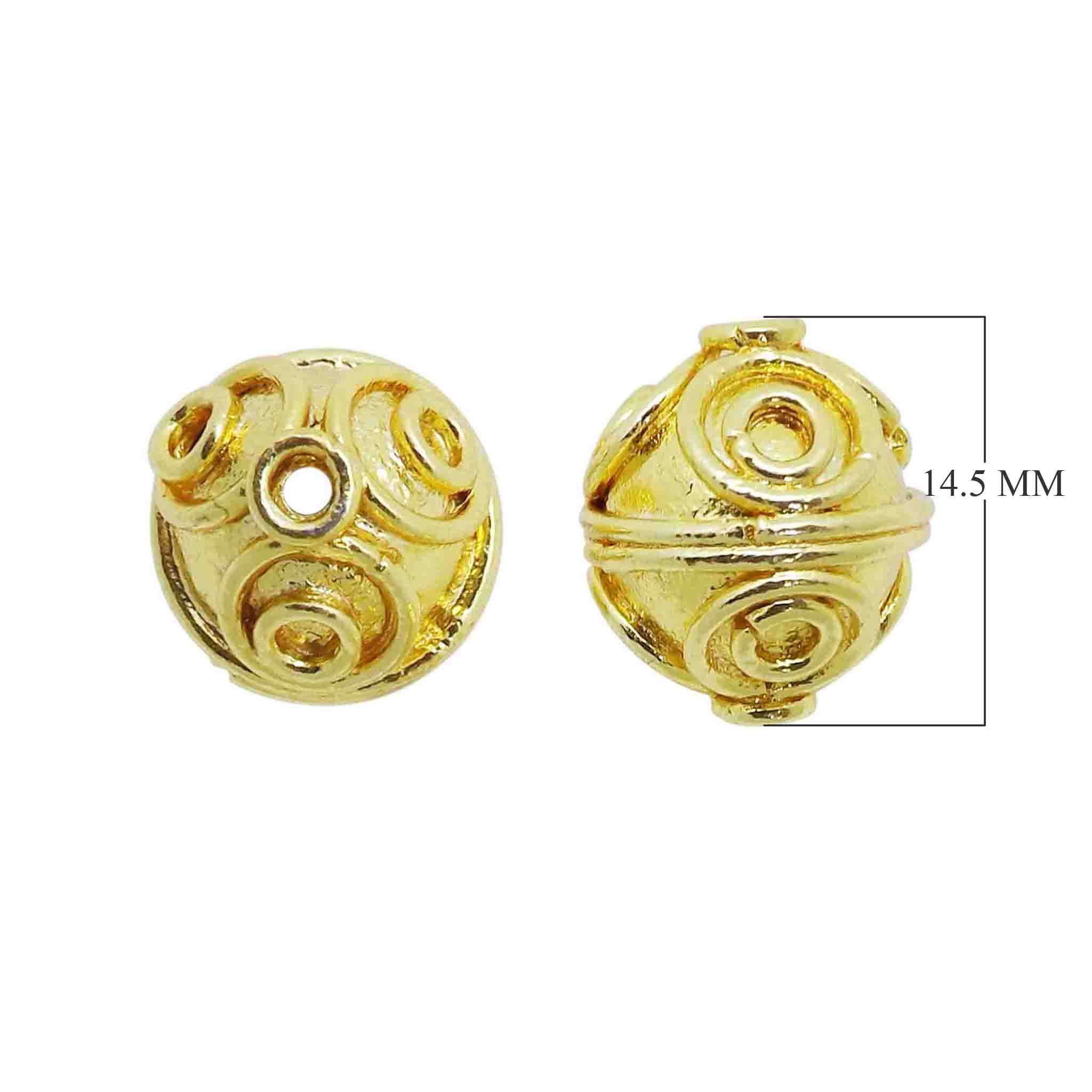 Handcrafted swirl-pattern engraved round bead with 18K gold overlay over copper, made in India for wholesale jewelry production.