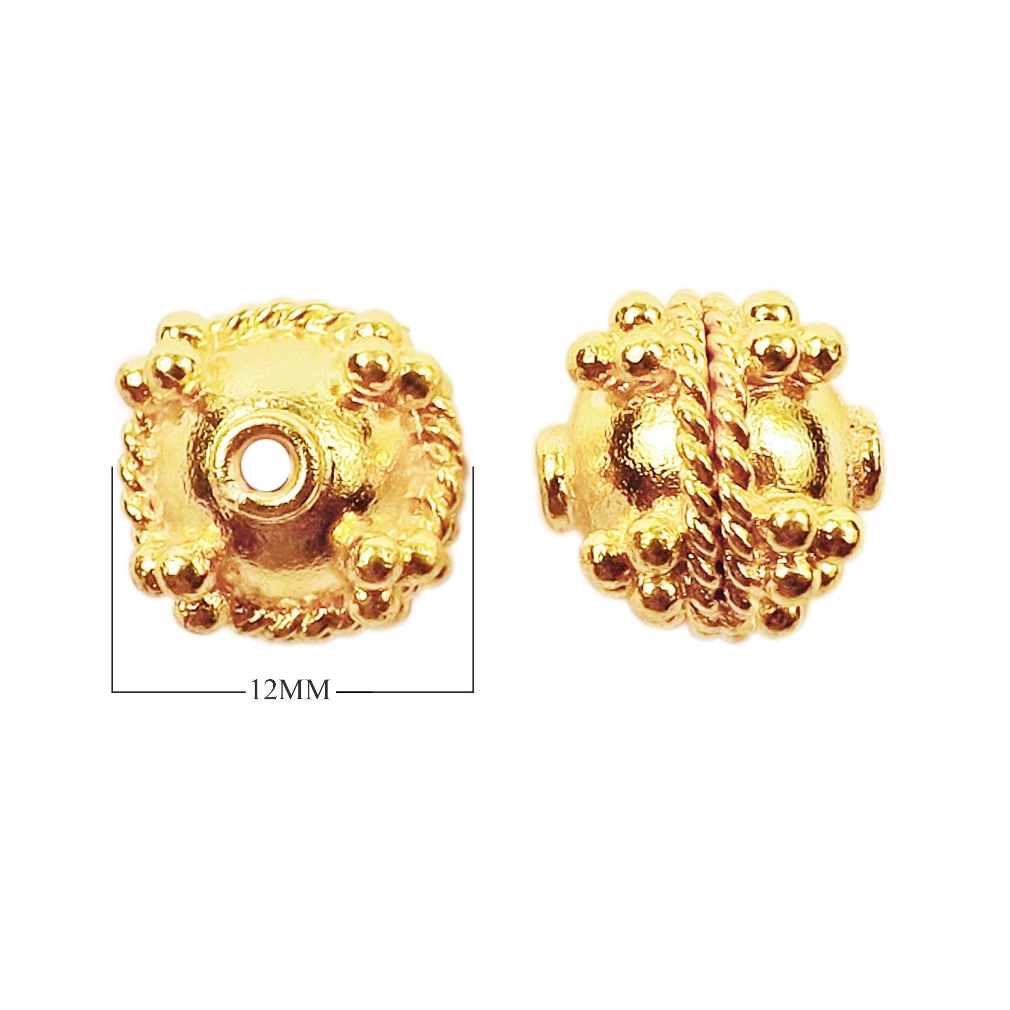 Handcrafted round spacer bead with granulated dots and rope border, made with 18K gold overlay over copper in India for wholesale jewelry production.