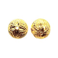 Handcrafted round bead with engraved floral star pattern and 18K gold overlay over copper, made in India for wholesale jewelry production.