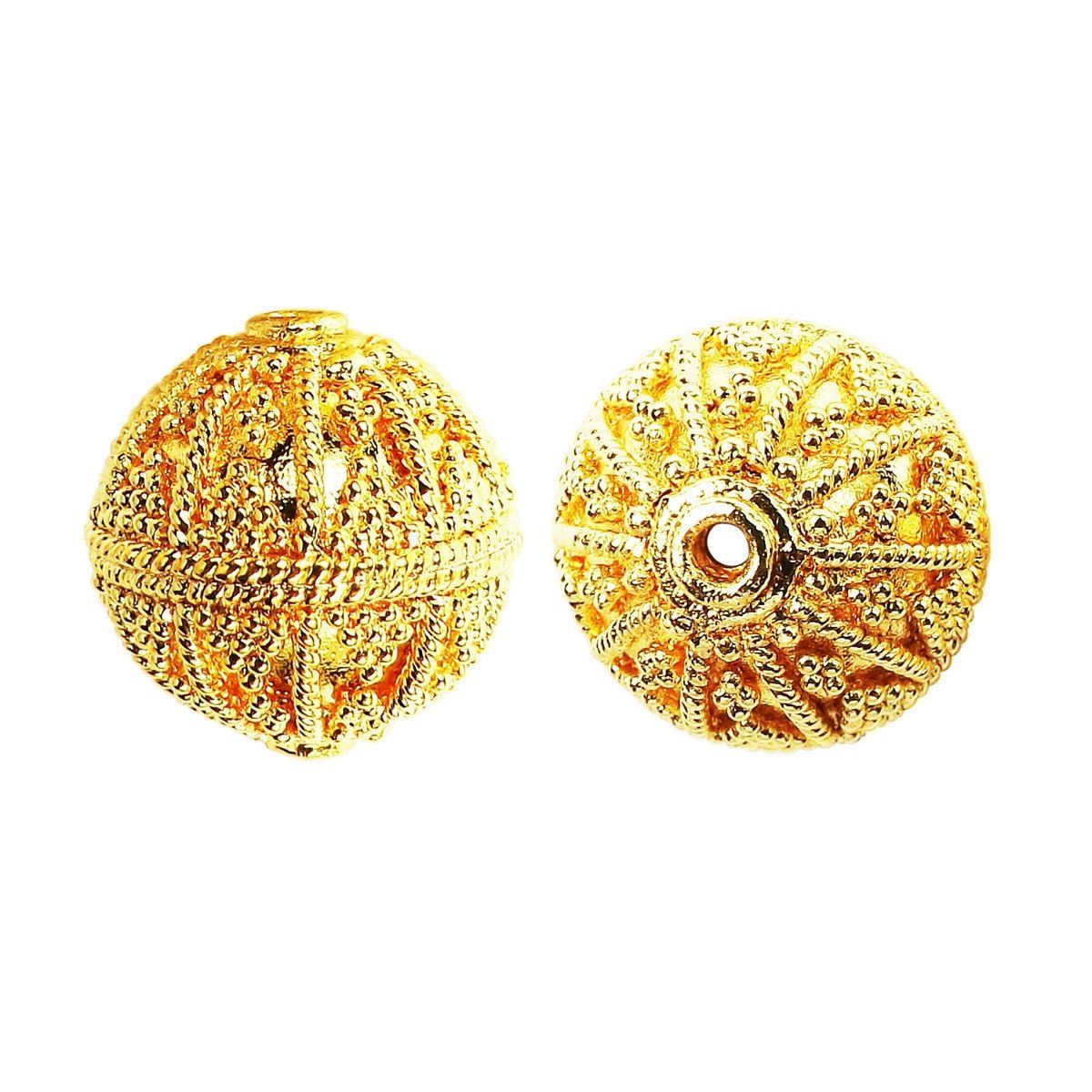 Handcrafted round bead with rope-textured lines and granulated detailing, finished with 18K gold overlay over copper, made in India for wholesale production.