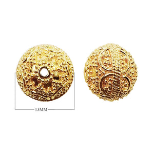 Handcrafted round bead with floral granulation and 18K gold overlay over copper, made in India for wholesale jewelry production.