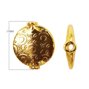 Handcrafted flat disc bead with embossed circular pattern and 18K gold overlay over copper, made in India for wholesale jewelry production.