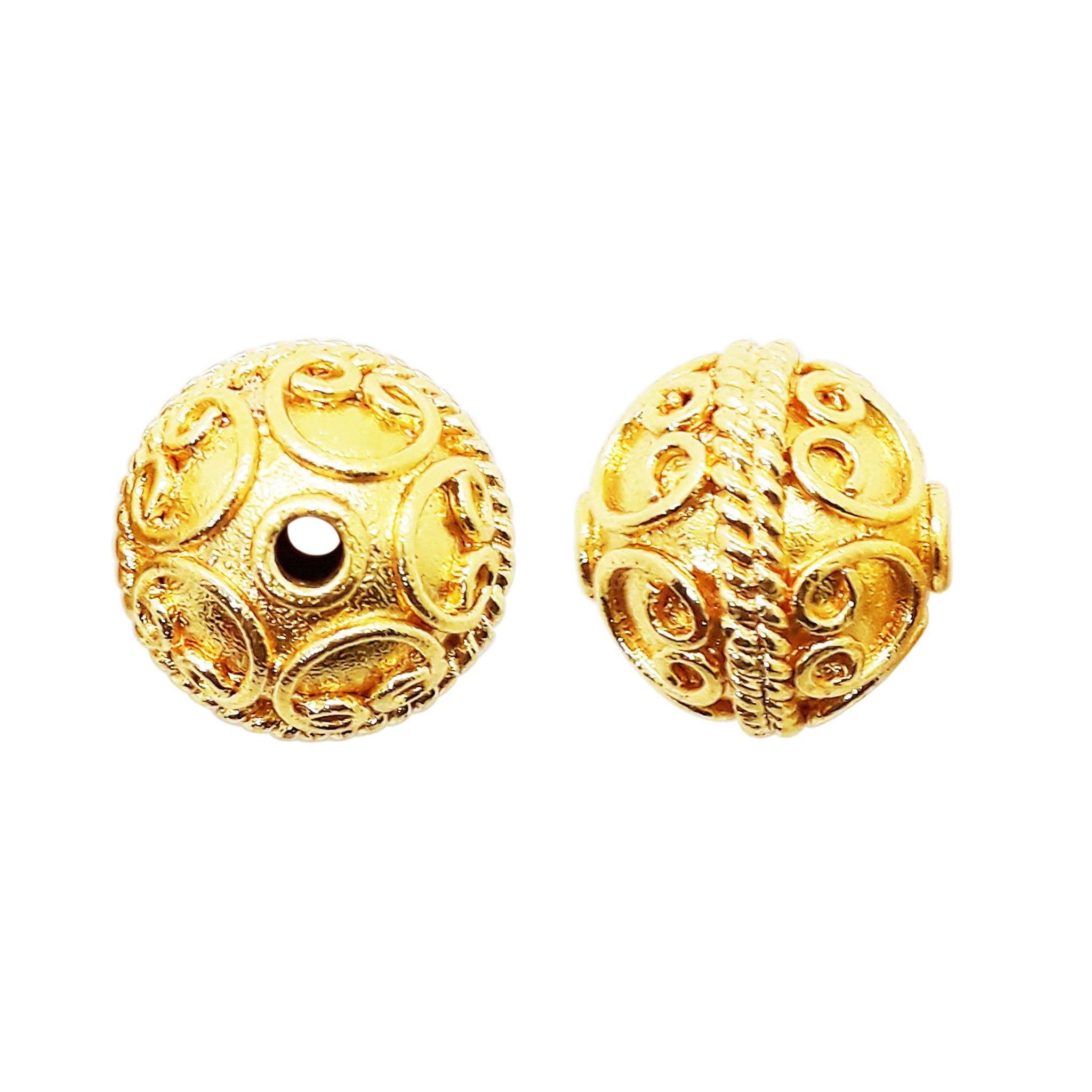 Handcrafted decorative openwork round bead made from 18K Gold Overlay Over Copper in India for wholesale jewelry manufacturing.