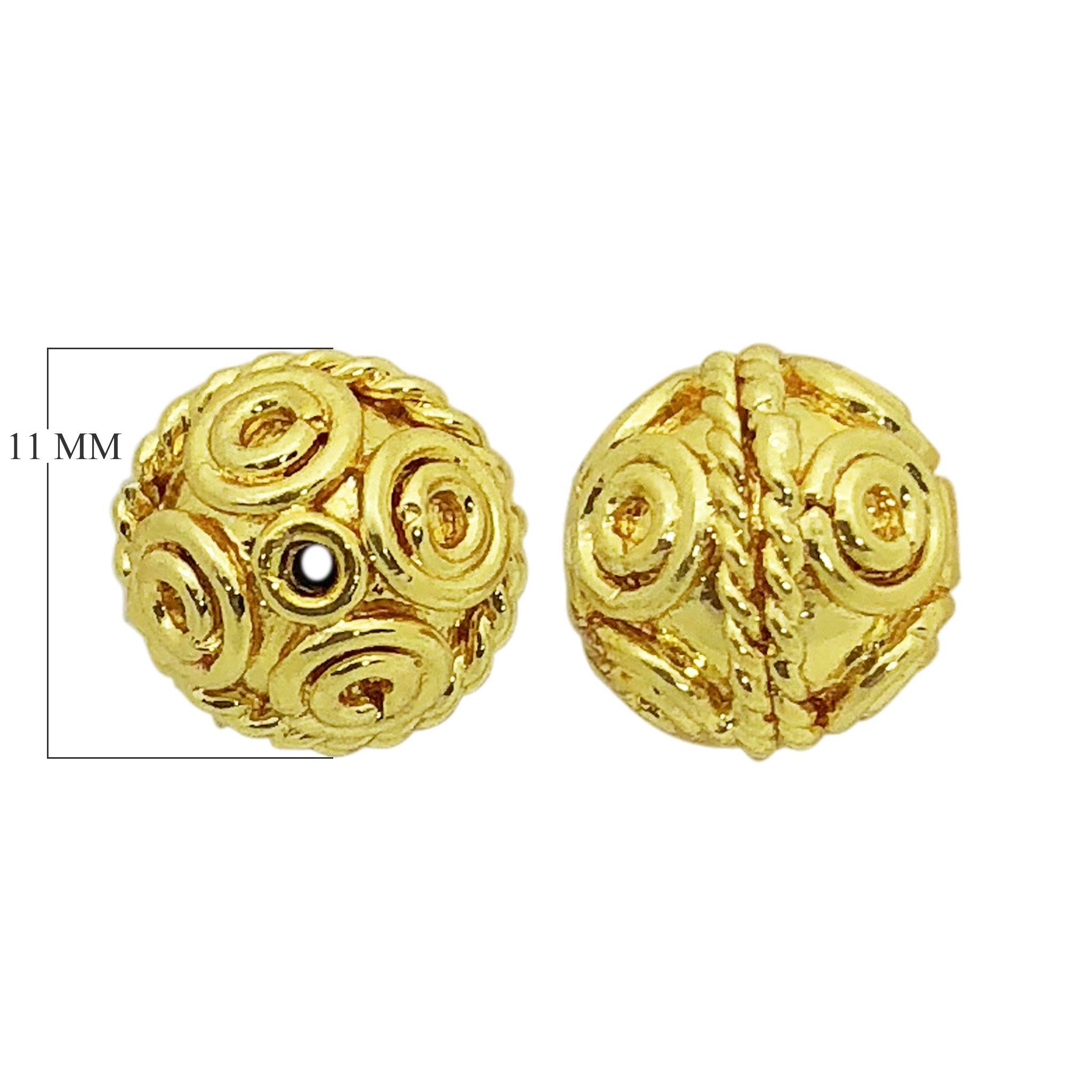 Ornate spiral round bead jewelry component with 18K gold overlay over copper handcrafted in India