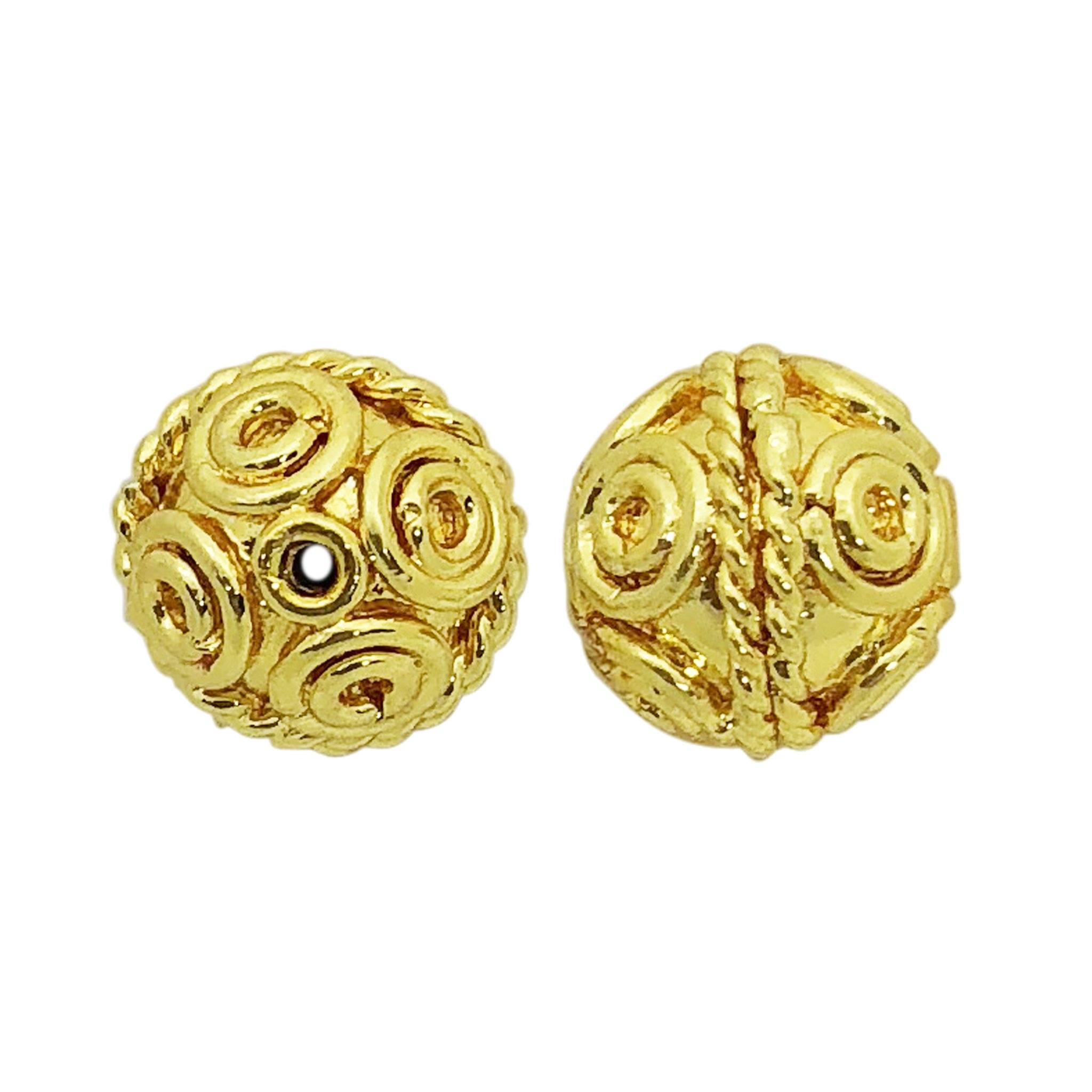 Ornate spiral round bead jewelry component with 18K gold overlay over copper handcrafted in India
