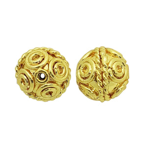 Ornate spiral round bead jewelry component with 18K gold overlay over copper handcrafted in India
