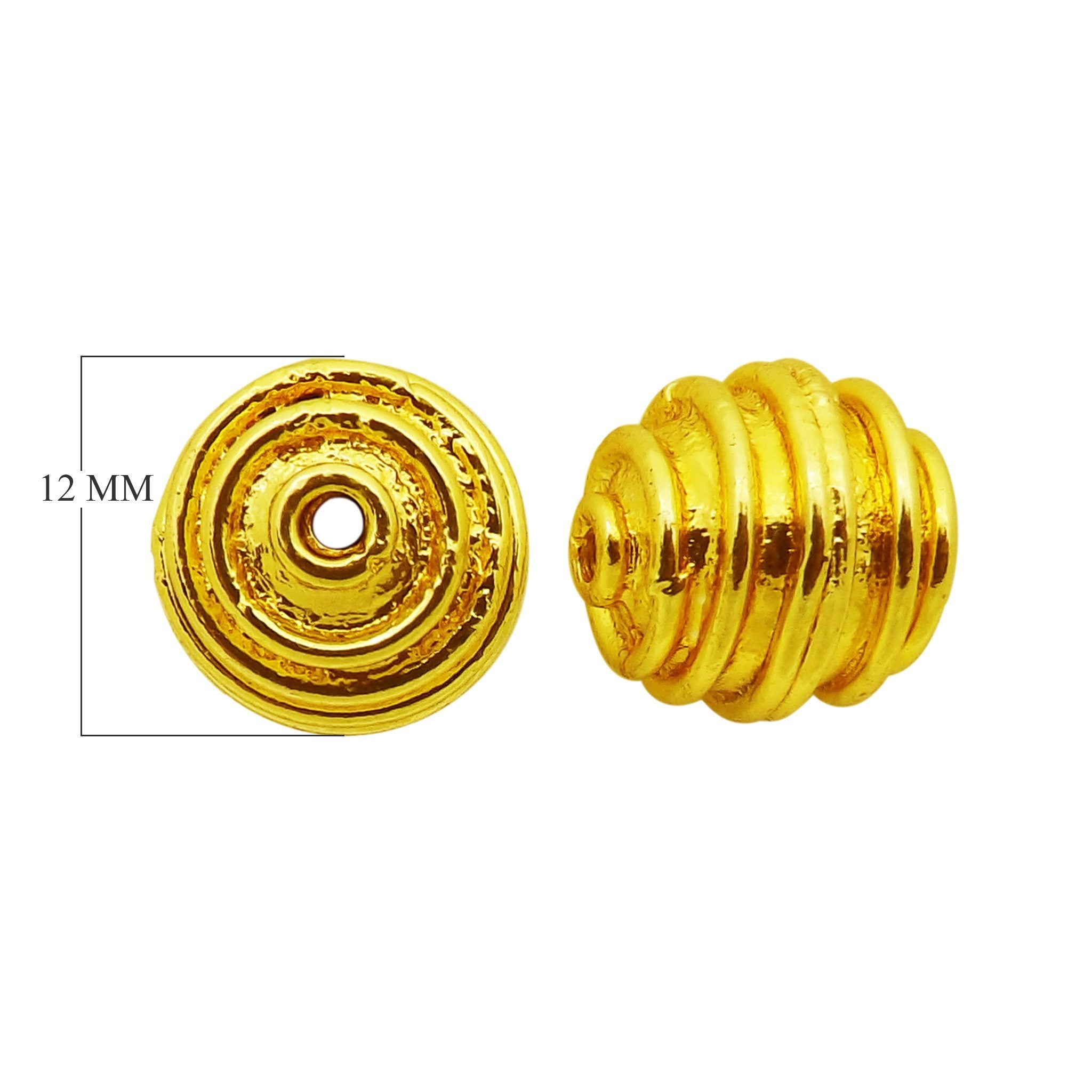 Ridged concentric round bead jewelry component with 18K gold overlay over copper handcrafted in India