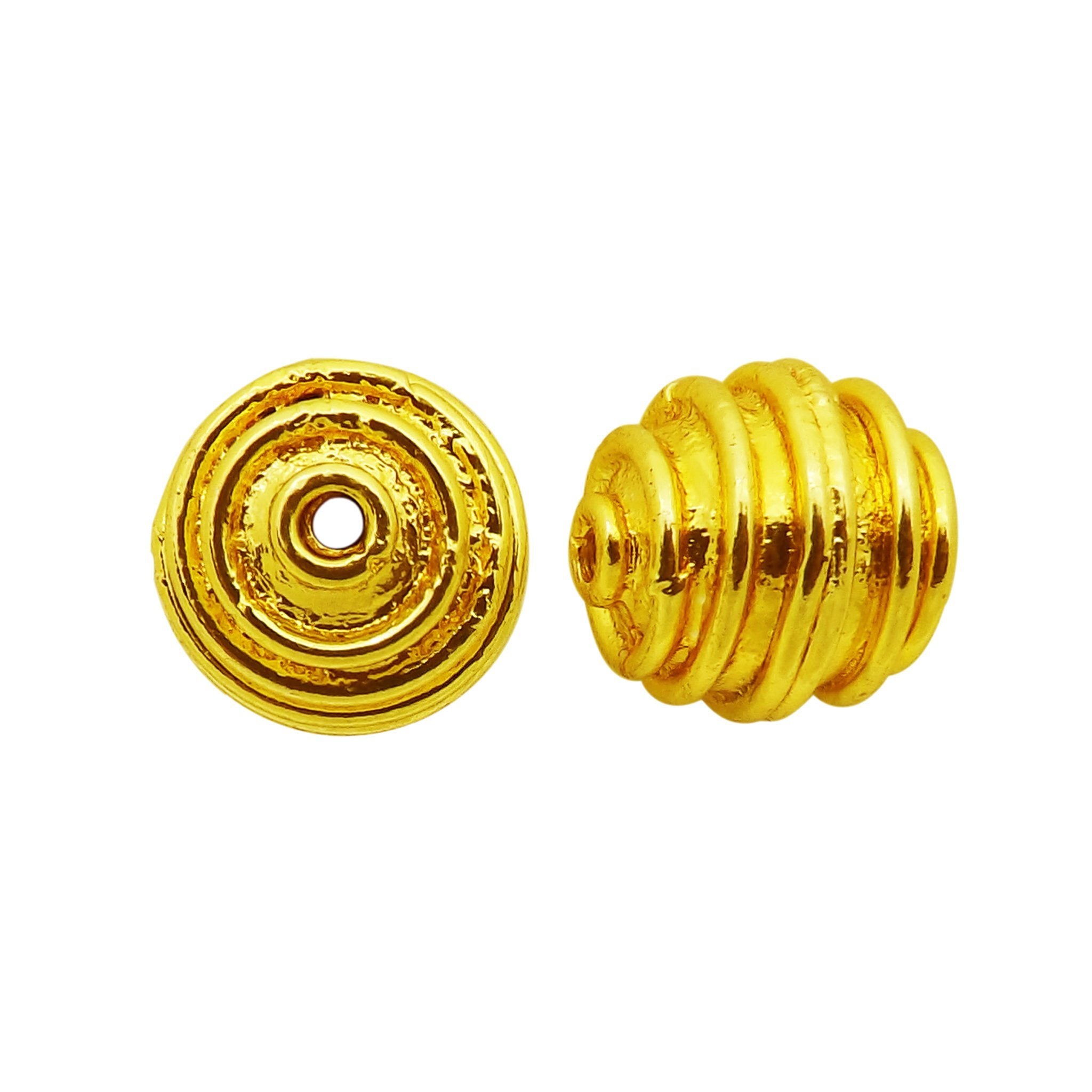 Ridged concentric round bead jewelry component with 18K gold overlay over copper handcrafted in India