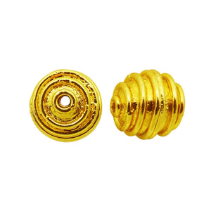Ridged concentric round bead jewelry component with 18K gold overlay over copper handcrafted in India