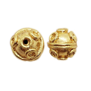 Ornate raised ring round bead jewelry component with 18K gold overlay over copper handcrafted in India