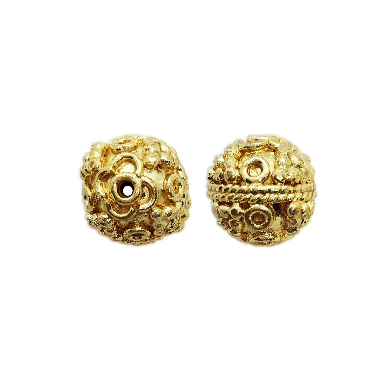 Ornate floral granulated round bead jewelry component with 18K gold overlay over copper handcrafted in India