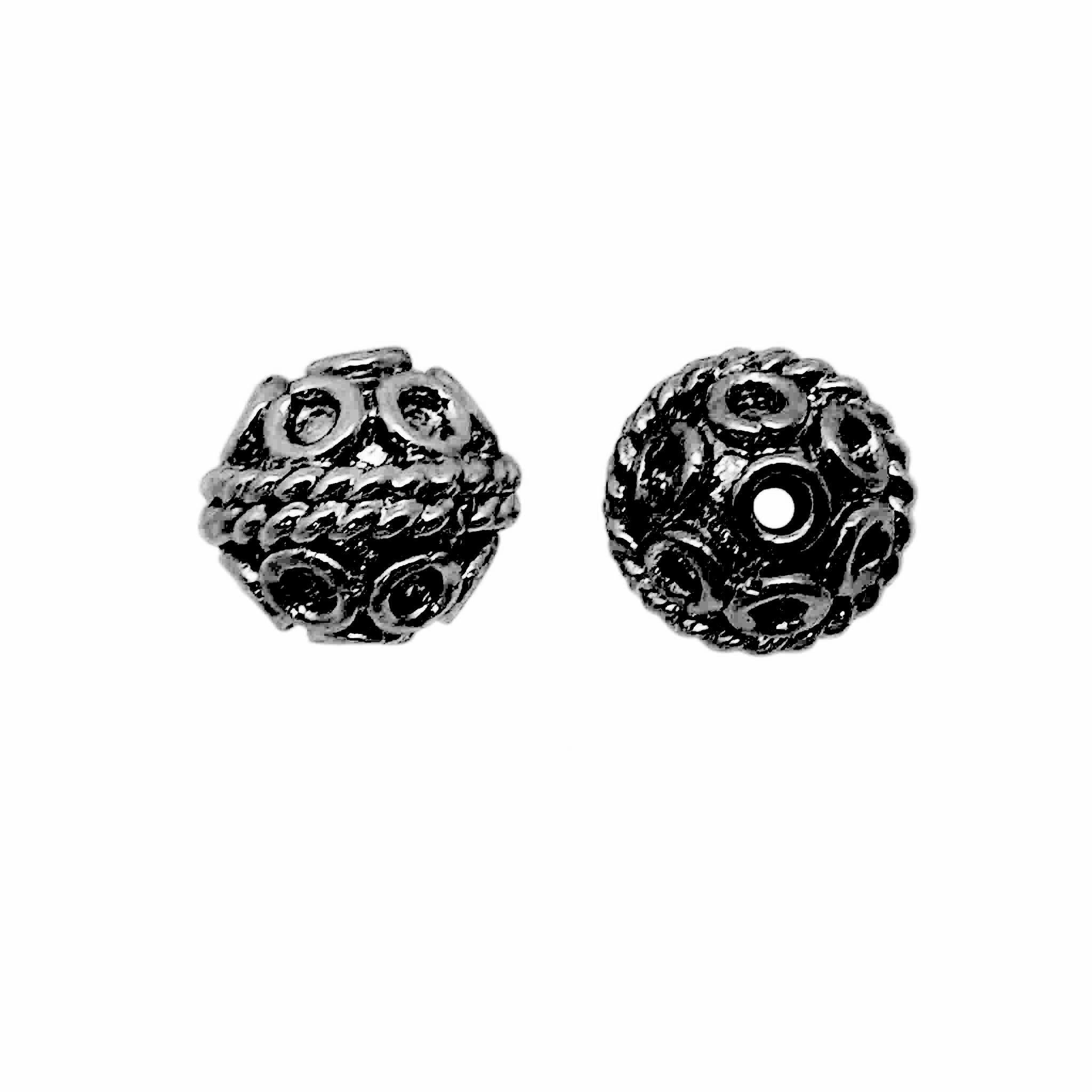 Black rhodium overlay over copper ornate rope detail round bead handcrafted in India for wholesale jewelry making
