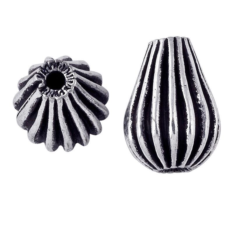 Handcrafted ribbed drop bead with silver overlay over copper and antique finish made in India