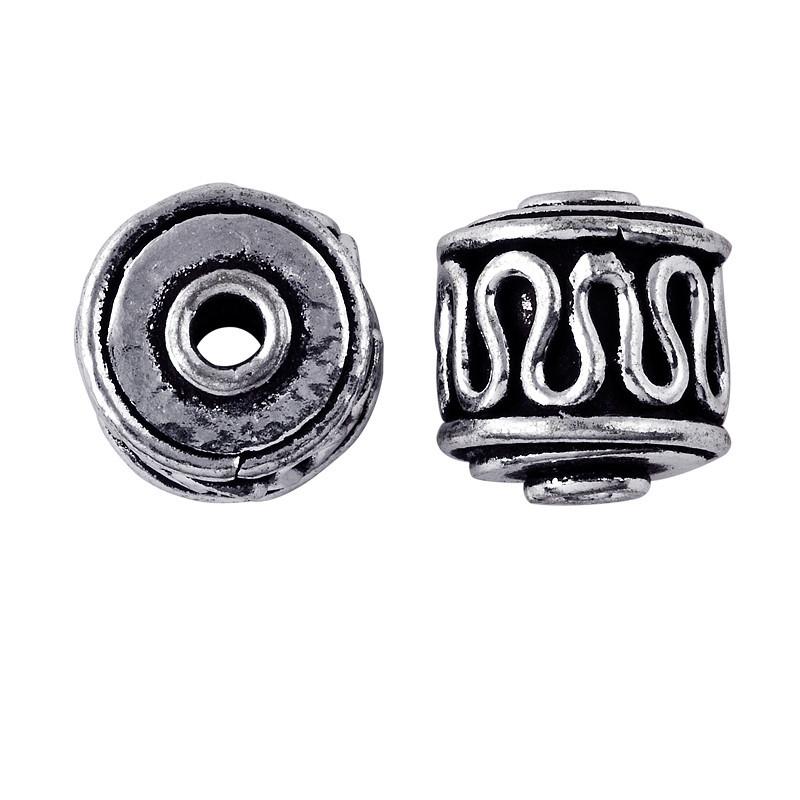 Silver overlay over copper barrel bead from India with oxidized silver wave design for wholesale jewelry making