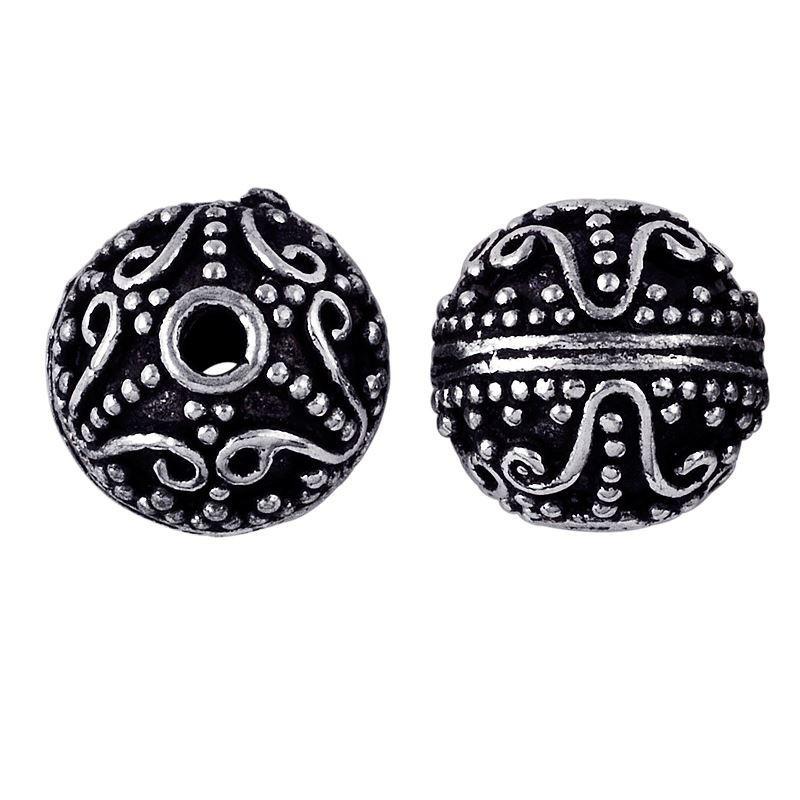 Silver overlay over copper scroll motif round bead from India with oxidized silver finish for wholesale jewelry making