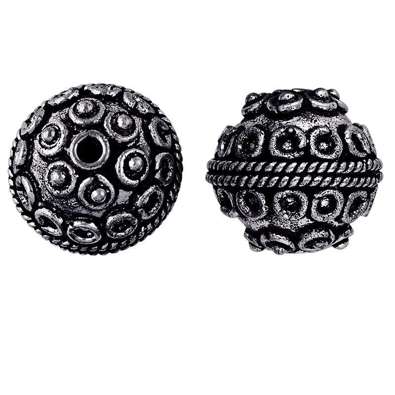 Silver overlay over copper raised dot motif round bead from India with oxidized silver finish for wholesale jewelry making