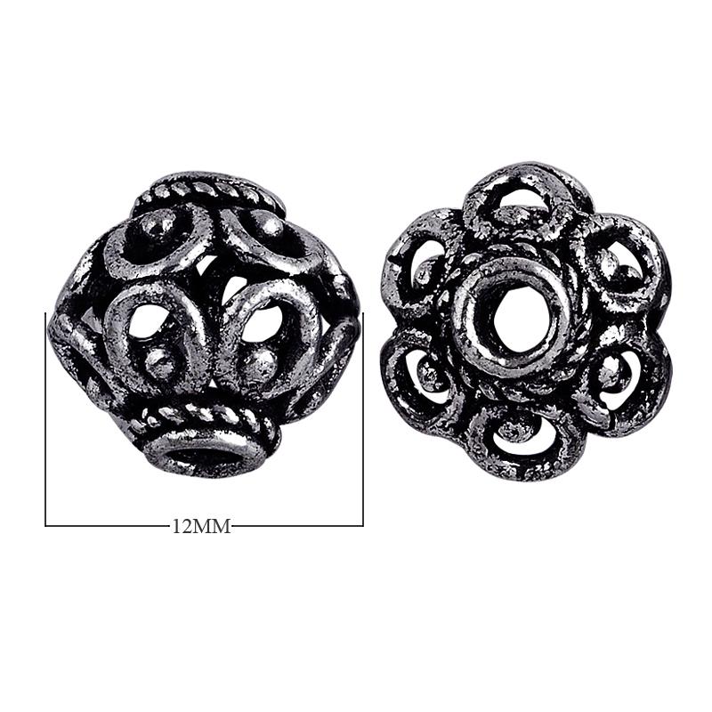 Silver overlay over copper handcrafted openwork floral bead from India with antique silver finish