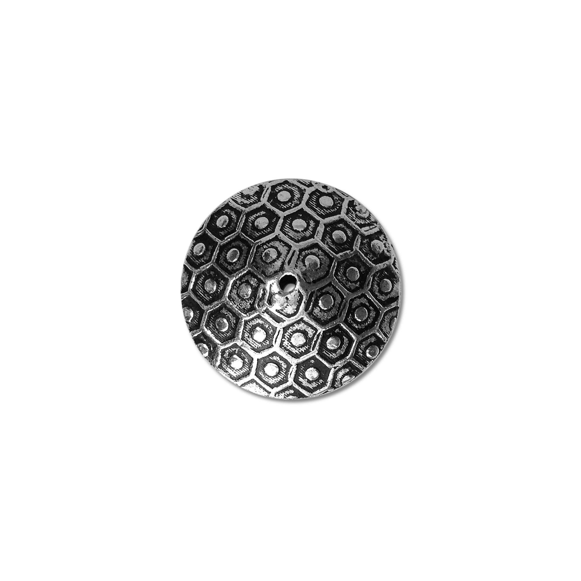 Handcrafted round bead cap with silver overlay over copper, featuring honeycomb texture and oxidized finish, made in India.