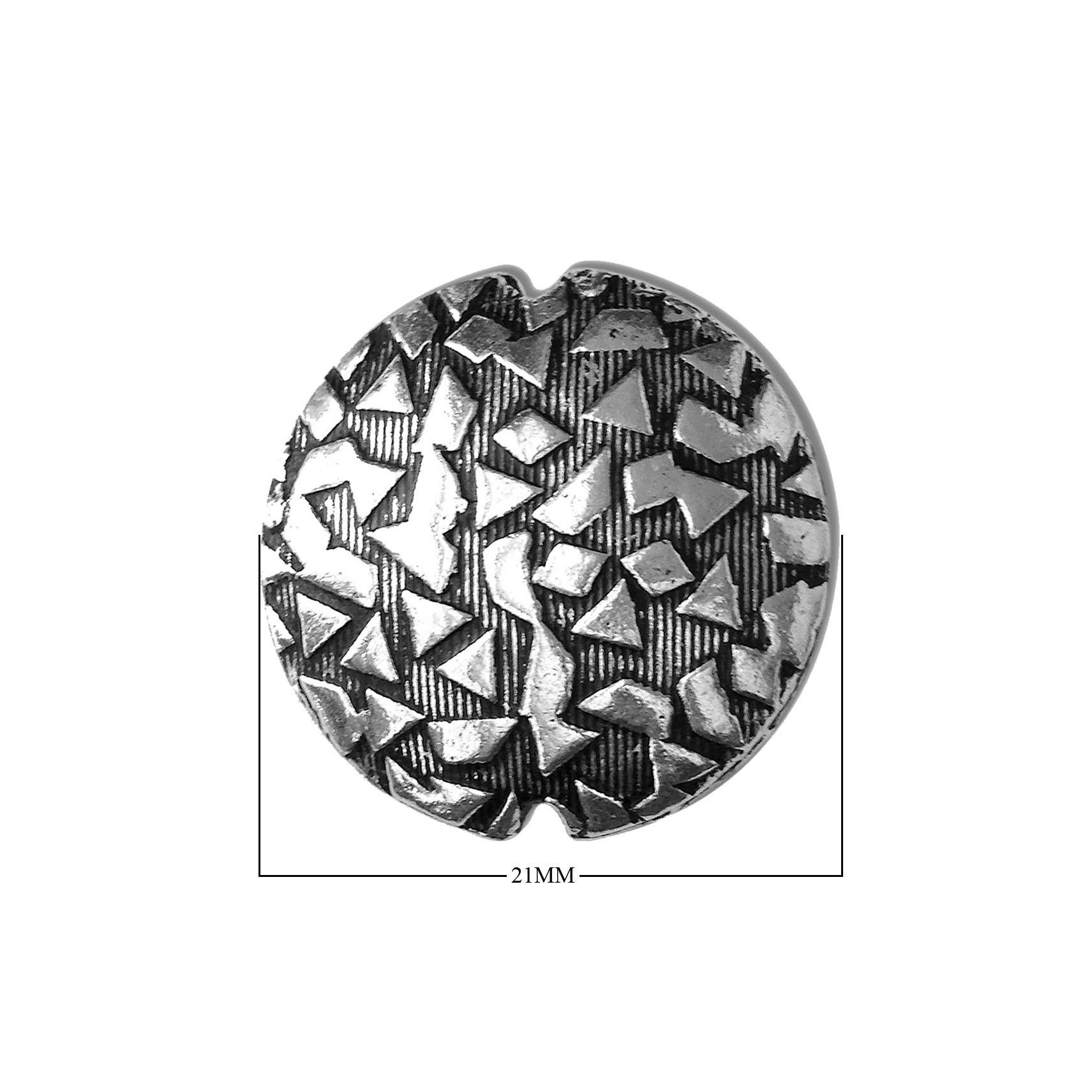 Handcrafted dome bead cap with silver overlay over copper, featuring geometric triangle texture and oxidized finish, made in India.