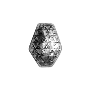 Handcrafted faceted bead cap with silver overlay over copper, featuring engraved geometric motifs and oxidized finish, made in India.